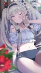  1girl absurdres alternate_costume alternate_hairstyle black_hairband blue_archive blurry blurry_foreground blush closed_mouth cowboy_shot detached_sleeves flower grey_hair hair_tubes hairband halo highres himari_(blue_archive) long_hair looking_at_viewer mole mole_under_eye momomoi_momoi navel one_eye_closed pointy_ears purple_eyes purple_halo red_flower solo stomach striped_clothes striped_hairband two_side_up v 
