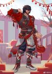  1boy artist_request bara beard belt braid chinese_clothes chinese_new_year costume_request facial_hair final_fantasy final_fantasy_xiv full_body highres holding holding_lantern hy_the_highlander lantern light_smile looking_at_viewer male_focus mature_male medium_hair multiple_braids mustache red_theme second-party_source shoes solo thick_eyebrows warrior_of_light_(ff14) 