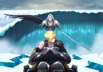  2boys aqua_eyes armor black_gloves black_jacket black_shirt black_wings blonde_hair blurry blurry_background chest_strap cloud_strife collarbone eilinna feathered_wings final_fantasy final_fantasy_vii final_fantasy_vii_advent_children flying gloves grey_hair hair_between_eyes holding holding_sword holding_weapon jacket long_bangs long_hair looking_back male_focus masamune_(ff7) multiple_boys on_motorcycle outdoors parted_bangs parted_lips popped_collar sephiroth shirt short_hair shoulder_armor single_bare_shoulder single_wing spiked_hair sword waves weapon wings 