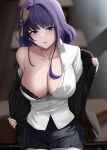  1girl absurdres black_bra black_jacket black_skirt blurry blurry_background bra breasts cleavage clothes_pull collarbone desk flower genshin_impact hair_flower hair_ornament highres jacket large_breasts light_particles long_hair looking_at_viewer mole mole_under_eye parted_lips pleated_skirt purple_eyes purple_flower purple_hair raiden_shogun shirt sidelocks single_bare_shoulder sitting skirt solo underwear undressing white_shirt yamikyon 