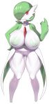  1girl absurdres alternate_breast_size breasts collarbone colored_nipples colored_skin full_body gardevoir green_hair green_nipples green_skin hair_over_one_eye hand_up highres huge_breasts inverted_nipples looking_at_viewer navel pokemon pokemon_(creature) sinensian solo standing teeth transparent_background white_skin 
