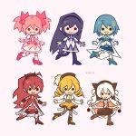  6+girls akemi_homura black_bow blonde_hair blue_footwear blue_hair boots bow cape closed_mouth commentary dress drill_hair english_commentary full_body fur-trimmed_cape fur_trim hair_bow hairband high_ponytail kaname_madoka kirvias_(kirvia) long_hair mahou_shoujo_madoka_magica miki_sayaka momoe_nagisa multiple_girls orange_cape pink_background pink_bow pink_dress pink_hair purple_hair purple_hairband red_footwear red_hair sakura_kyouko shirt short_hair simple_background skirt smile solid_circle_eyes tomoe_mami toon_(style) twin_drills twintails two_side_up very_long_hair white_cape white_hair white_shirt yellow_skirt 