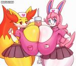  anthro big_breasts bottomwear breast_squish breasts breasts_frottage cleavage clothed clothing eeveelution female female/female fennekin generation_6_pokemon headgear headwear huge_breasts hyper hyper_breasts matospectoru nintendo nurse_clothing nurse_headwear pokemon pokemon_(species) skirt squish sylveon thick_thighs 