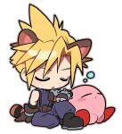  1boy animal_ears arm_on_knee armor asymmetrical_arms asymmetrical_gloves baggy_pants belt black_footwear blonde_hair boots chibi closed_eyes cloud_strife final_fantasy final_fantasy_vii fingerless_gloves gloves kirby kirby_(series) male_focus nt_26 open_mouth pants pauldrons raccoon_ears raccoon_tail short_hair shoulder_armor single_pauldron sitting sleep_bubble sleeveless sleeveless_turtleneck spiked_hair super_smash_bros. suspenders tail turtleneck 