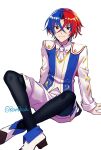  1boy alear_(fire_emblem) alear_(male)_(fire_emblem) blue_eyes blue_hair fire_emblem fire_emblem_engage heterochromia looking_at_viewer multicolored_hair necktie red_eyes red_hair rosareah_fe sitting smile two-tone_hair white_necktie 