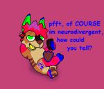 ambiguous_gender anthro blue_feet bright_colors brown_body brown_nose brown_soles canid canine_teeth crossed_legs dialogue diesel_(feralmunchies) feet fur green_ears green_eyes hare harleythefunny_(artist) intersex lagomorph leporid long_ears looking_at_viewer maleherm mammal nub_tail on_phone phone rabbit rabbit_ears scar scars_on_thighs scene_hair soles solo solo_focus solo_in_panel sparkledog striped_body striped_fur stripes tongue yellow_tongue 
