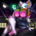  anthro bat big_breasts big_butt bodysuit breasts butt chaos_emerald city city_background cleavage cleavage_overflow clothed clothing female footwear gem hi_res high_heels huge_breasts looking_at_viewer mammal moon night rouge_the_bat sega skinsuit sockhungryclutz solo sonic_the_hedgehog_(series) thick_thighs tight_clothing wide_hips wings 
