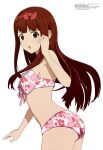  1girl :o absurdres arched_back bare_arms bikini blush breasts brown_eyes brown_hair floral_print hair_ribbon highres idolmaster idolmaster_million_live! long_hair looking_at_viewer megami_magazine official_art open_mouth print_bikini ribbon scan sideboob sidelocks simple_background small_breasts solo standing swimsuit tanaka_kotoha white_background white_bikini 