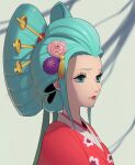  1girl aqua_eyes aqua_hair bad_id bad_pixiv_id closed_mouth eyelashes flower hair_flower hair_ornament hair_stick japanese_clothes kimono kouzuki_hiyori lipstick long_hair makeup nihongami oiran one_piece portrait red_lips solo traditional_clothes zitszy 