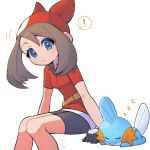  ! 1girl bandana bike_shorts black_shorts blue_eyes brown_hair fanny_pack gloves highres looking_at_another may_(pokemon) mudkip multicolored_clothes multicolored_gloves noi_(noi_pk27) pokemon pokemon_(creature) pokemon_rse red_bandana red_shirt shirt shorts signature simple_background sleeping white_background zzz 