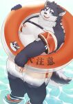  anthro belly blue_eyes bottomwear clothing footwear fur grey_body grey_fur harima male moobs navel nipples overweight partially_submerged sandals shorts solo swim_ring swimwear tamacolle water who_corals 
