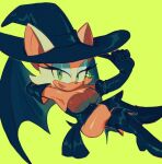  1girl animal_ears arm_behind_head bat_ears bat_girl bat_wings blue_eyeshadow boots elbow_gloves eyelashes eyeshadow gloves green_background green_eyes halloween_costume hand_on_headwear hat highres knee_boots looking_at_viewer makeup ochibrochi rouge_the_bat simple_background smile sonic_(series) sonic_adventure_2 sparkle white_fur wings witch_hat 