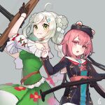  2girls 43m_(girls&#039;_frontline) absurdres ahoge animal_ears braid commission commissioner_upload danuvia_43m girls&#039;_frontline gloves green_eyes gun hair_ornament hairpin highres hungarian_clothes inomata_konomu looking_at_viewer multiple_girls panda_ears pink_eyes pink_hair pps-43 pps-43_(girls&#039;_frontline) sailor sailor_collar simple_background skeb_commission smile soviet_army submachine_gun weapon white_hair 