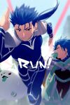  2boys animal aqua_belt aqua_capelet armor belt black_bodysuit blue_bodysuit blue_hair bodysuit braid braided_ponytail capelet commentary_request cu_chulainn_(fate) cu_chulainn_(fate/stay_night) dog dual_persona earrings echo_(circa) english_text fate/grand_order fate/stay_night fate_(series) hood hood_down hooded_capelet jewelry long_hair long_sleeves looking_away male_focus multiple_boys open_mouth pauldrons ponytail profile red_eyes running setanta_(fate) shoulder_armor sweatdrop tongue tongue_out twitter_username white_dog 