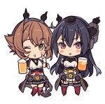  2girls alcohol beer beer_mug black_gloves black_hair black_skirt blush_stickers breasts brown_hair chibi cup flipped_hair gloves green_eyes headgear holding kantai_collection kasumi_(skchkko) kikumon large_breasts long_hair metal_belt miniskirt mug multiple_girls mutsu_(kancolle) mutsu_kai_ni_(kancolle) nagato_(kancolle) nagato_kai_ni_(kancolle) one_eye_closed pleated_skirt radio_antenna red_eyes red_thighhighs shirt short_hair skirt standing thighhighs white_gloves white_shirt 