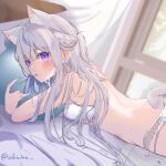  1girl animal_ear_fluff animal_ears back bra braid cat_ears cat_girl cat_tail cropped crown_braid extra_ears grey_hair hair_between_eyes holding holding_pillow hosimiyavia long_hair looking_to_the_side lying on_bed on_stomach open_mouth original panties pillow purple_eyes sweat tail underwear window 