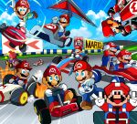  6+boys :d absurdres alternate_costume anniversary blue_overalls day drying eternalflamebry facial_hair flying gloves go-kart highres mario mario_(series) mario_kart mario_kart:_double_dash!! mario_kart_64 mario_kart_8 mario_kart_wii multiple_boys multiple_persona multiple_views mustache open_mouth outdoors overalls portrait_(object) red_headwear red_shirt shirt smile star_(symbol) super_mario_kart white_gloves 