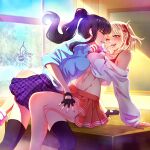  2girls artist_name asymmetrical_docking black_hair blonde_hair bra_strap breast_press breasts chalkboard cherry_in_the_sun classroom closed_eyes day desk english_commentary feet_out_of_frame fingerless_gloves food_in_mouth gloves hair_ribbon highres indoors inoue_takina large_breasts legs long_hair lycoris_recoil multiple_girls navel nishikigi_chisato one_eye_closed pocky_in_mouth ponytail ribbon school_uniform short_hair sitting skirt smile sunlight thighhighs toned yellow_eyes yuri 