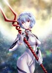  1girl ayanami_rei blue_hair bodysuit breasts dated hair_between_eyes hairpods highres holding holding_polearm holding_weapon lance_of_longinus_(evangelion) moon neon_genesis_evangelion neon_trim ootake_tomoko parted_lips plugsuit polearm red_eyes short_hair signature skin_tight solo weapon white_bodysuit 