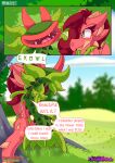  absurd_res amaryllis_(lustragon) anthro comic comic_panel dialogue digital_drawing_(artwork) digital_media_(artwork) dragon duo english_text female green_eyes hair hi_res horn leaf lustragon male nude outside pink_body plant rear_view red_hair scalie sharp_teeth sitting snappy_(lustragon) speech_bubble tail teeth text thorns tongue tree watermark wings 