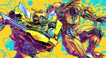  absurdres arm_blade autobot blue_eyes bumblebee_(transformers) cheetor highres maximal mecha no_humans open_hand robot science_fiction signature transformers transformers:_rise_of_the_beasts transformers_(live_action) weapon yasukuni_kazumasa yellow_background 