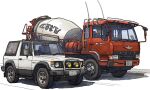  1boy commentary_request concrete_mixer_truck headlight license_plate mitsubishi mitsubishi_pajero motor_vehicle on_vehicle original sports_utility_vehicle translation_request truck yaruz 