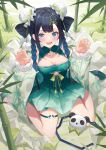  1girl :d absurdres bamboo bamboo_hair_ornament bare_shoulders black_hair blue_eyes blue_hair blush braid breasts bun_cover china_dress chinese_clothes cleavage cleavage_cutout clothing_cutout covered_collarbone detached_sleeves dot_nose double_bun dress fangs from_above girimi_(virtuareal) gradient_hair grass green_dress green_footwear green_nails hair_bun hair_ornament hair_tie highres hitokuchii kneeling long_bangs looking_at_viewer lower_teeth_only medium_breasts multicolored_hair nail_polish nature nijisanji open_mouth panda_brooch paw_pose pleated_dress pom_pom_(clothes) pom_pom_hair_ornament sidelocks skindentation smile solo streaked_hair teeth thigh_strap twin_braids virtual_youtuber virtuareal wide_sleeves 