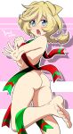  1girl ass blonde_hair blue_eyes blush braid braided_ponytail christmas elfnein embarrassed feet highres long_hair looking_at_viewer mole mole_under_eye naked_ribbon open_mouth ribbon senki_zesshou_symphogear solo sweat tanashi_(mk2) 