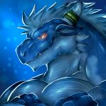  &lt;3 anthro blue_background blue_body blue_scales bristles bust_portrait crossed_arms dragon facial_spikes glowing glowing_eyes horn horn_jewelry horn_ring icon jaw_spikes jewelry male mane muscular muscular_anthro muscular_male overbite pecs portrait ring_(jewelry) scales scalie simple_background smile solo spikes spikes_(anatomy) 
