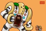  a&amp;w absurdres blue_eyes can cup edou_meo glass green_eyes highres holding holding_cup meltan moss multiple_others no_humans nut_(hardware) orange_background pokemon red_eyes regigigas root_beer soda_can wire 