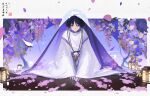  absurdres chinese_text fingertip_gentleman flower genshin_impact hands_on_floor highres japanese_clothes kneeling lantern petals purple_flower purple_theme robe scaramouche_(genshin_impact) seal_impression sokutai veil wanderer_(genshin_impact) white_robe 