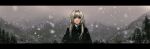  1girl absurdres an-94_(girls&#039;_frontline) black_gloves blonde_hair blue_eyes capelet facing_viewer girls&#039;_frontline gloves grey_sky hairband highres komegu_619 long_hair looking_at_viewer mountain mountainous_horizon open_mouth sky snowflakes snowing spruce tree 