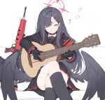  1girl armband ass assault_rifle beamed_eighth_notes black_choker black_hair black_sailor_collar black_serafuku black_skirt black_socks black_wings blue_archive choker closed_eyes closed_mouth countryman_(artist) eighth_note em-2 guitar gun hair_ornament hairclip halo highres ichika_(blue_archive) instrument kneehighs long_hair low_wings music musical_note playing_instrument pleated_skirt red_armband red_halo rifle safety_pin sailor_collar school_uniform serafuku simple_background skirt smile socks solo weapon white_background wings 