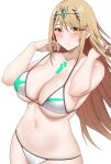  1girl arind_yudha bikini blonde_hair blush breasts cleavage closed_mouth earrings hair_ornament hands_up highres jewelry long_hair mythra_(xenoblade) navel simple_background smile solo stomach swimsuit white_background white_bikini xenoblade_chronicles_(series) xenoblade_chronicles_2 yellow_eyes 