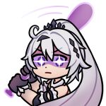  1girl antenna_hair chibi crown dress flower_clothes high_ponytail honkai_(series) honkai_impact_3rd kiana_kaslana kiana_kaslana_(herrscher_of_finality) long_hair neck_flower open_mouth purple_hands solo transparent_background white_armor white_dress white_hair 