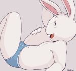  2023 anthro arthur_(series) bent_legs blue_clothing blue_underwear buckteeth buster_baxter clothed clothing dandi happy holding_leg holding_own_thigh holding_thigh lagomorph leporid looking_at_viewer lying male mammal navel on_back open_mouth rabbit raised_leg simple_background solo spread_legs spreading teeth tongue underwear underwear_only white_background 