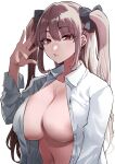  1girl areola_slip black_bow bow breasts closed_mouth collarbone frown hair_bow hand_up highres large_breasts light_brown_hair long_hair looking_at_viewer naked_shirt navel nipple_slip nipples open_clothes open_shirt original red_eyes sakayama_shinta shirt simple_background solo two_side_up upper_body very_long_hair white_background white_shirt 