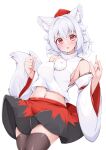  1girl \m/ animal_ear_fluff animal_ears bare_shoulders breasts cowboy_shot detached_sleeves fang grey_hair hands_up hat inubashiri_momiji long_sleeves looking_at_viewer medium_breasts medium_hair midriff navel parted_lips red_eyes rururiaru sideboob simple_background skin_fang skirt solo tail thighhighs tokin_hat touhou white_background wide_sleeves wolf_ears wolf_tail 