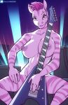  anthro areola biped breasts electric_guitar equid equine female guitar hi_res looking_at_viewer mammal marik_azemus34 musical_instrument nipple_piercing nipples nude piercing plucked_string_instrument purple_body sitting solo string_instrument zebra 