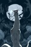  absurd_res ambiguous_gender blurred_background corzh77 feral front_view fur grin hi_res long_neck looking_at_viewer moon neck_tuft night nightmare_fuel outside pink_eyes plant ribs sharp_teeth smile solo species_request teeth tree tuft white_body white_fur 