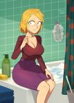  1girl barleyshake bathtub breasts cleavage feet_out_of_frame highres linda_stotch long_sleeves medium_breasts purple_skirt red_shirt shirt shower_curtain signature skirt solo south_park tile_wall tiles 
