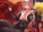  1girl absurdres azur_lane black_cape black_dress black_gloves blush breasts brown_hair cape champagne_flute cleavage clemenceau_(azur_lane) closed_mouth collarbone couch covered_navel cross crown cup dress drinking_glass dylanlin elbow_gloves fur-trimmed_cape fur_trim gloves gold_choker hair_between_eyes highres hip_vent holding holding_cup jewelry large_breasts long_dress long_hair looking_at_viewer on_couch phonograph red_eyes sidelocks sitting solo sparkle strapless strapless_dress tight_clothes tight_dress window 