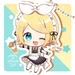  1girl alternate_costume apron aqua_eyes black_dress black_footwear blonde_hair bow cafe chibi coffee_cup coffee_maker_(object) collared_dress copyright_name cup disposable_cup dress enmaided frilled_apron frills full_body hair_ornament hairband hairclip highres kagamine_rin maid maid_apron maid_headdress one_eye_closed open_mouth puffy_short_sleeves puffy_sleeves shoes short_hair short_sleeves star_(symbol) takashina_taaa thighhighs vocaloid white_apron white_thighhighs 