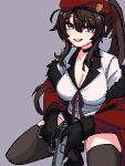  1girl beret black_thighhighs blue_eyes breasts brown_hair cleavage female_commander_(girls&#039;_frontline) fur-trimmed_jacket fur_trim girls&#039;_frontline gun handgun hat highres holding holding_gun holding_weapon jacket kneeling large_breasts long_hair off_shoulder open_clothes open_jacket open_mouth pixel_art ponytail purple_background red_headwear red_jacket shirt simple_background solo teeth thighhighs upper_teeth_only weapon white_shirt yiricannon 