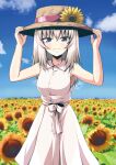  1girl absurdres blue_eyes blue_sky blurry blurry_background brown_headwear casual cloud cloudy_sky collared_dress commentary_request cowboy_shot day depth_of_field dress field flower flower_field girls_und_panzer grey_hair grin half-closed_eyes hands_on_headwear hat hat_flower highres horizon itsumi_erika kamishima_kanon looking_at_viewer medium_dress medium_hair outdoors sky sleeveless sleeveless_dress smile solo standing straw_hat sunflower white_dress 