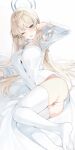  1girl ;o absurdres ass bed_sheet blonde_hair blue_archive blush breasts button_gap halo highres large_breasts light_brown_hair long_hair looking_at_viewer lying meunhongcha no_pants on_side one_eye_closed panties shirt solo thighhighs toki_(blue_archive) underwear very_long_hair white_panties white_shirt white_thighhighs 