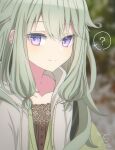  1girl ? blurry blurry_background brown_camisole buttons camisole cardigan casual closed_mouth collarbone commentary drawstring esreverebirth green_cardigan hair_flaps highres hood hood_down kusanagi_nene lace-trimmed_camisole lace_trim layered_clothes light_green_hair long_hair looking_at_viewer low-tied_long_hair open_clothes outdoors project_sekai purple_eyes signature solo spoken_question_mark upper_body 