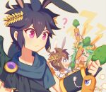  1girl 2boys ? ahoge angel angel_wings animal_ears black_hair blue_eyes brown_hair carrot dark_pit green_hair grey_background kid_icarus kid_icarus_uprising laurel_crown looking_at_another multiple_boys one-eyed palutena pit_(kid_icarus) rabbit_ears red_eyes sweat v-shaped_eyebrows wings wusagi2 xo 