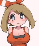  1girl bangs bare_shoulders blush_stickers bow breasts brown_hair cleavage collarbone grey_eyes hair_bow hinokageyosi large_breasts looking_at_viewer may_(pokemon) pokemon pokemon_(game) pokemon_oras red_bow red_shirt shirt short_hair sleeveless sleeveless_shirt smile solo upper_body 