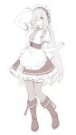  1girl absurdres apron arm_up asimo_(hakurei10201) blush boots braid breasts cosplay dress expressionless frilled_dress frills full_body g36_(girls&#039;_frontline) g36_(girls&#039;_frontline)_(cosplay) g36c_(girls&#039;_frontline) garter_straps girls&#039;_frontline hair_over_one_eye highres large_breasts long_hair maid maid_apron maid_headdress monochrome necktie puffy_short_sleeves puffy_sleeves short_sleeves simple_background solo spot_color standing thighhighs very_long_hair waist_apron white_background 
